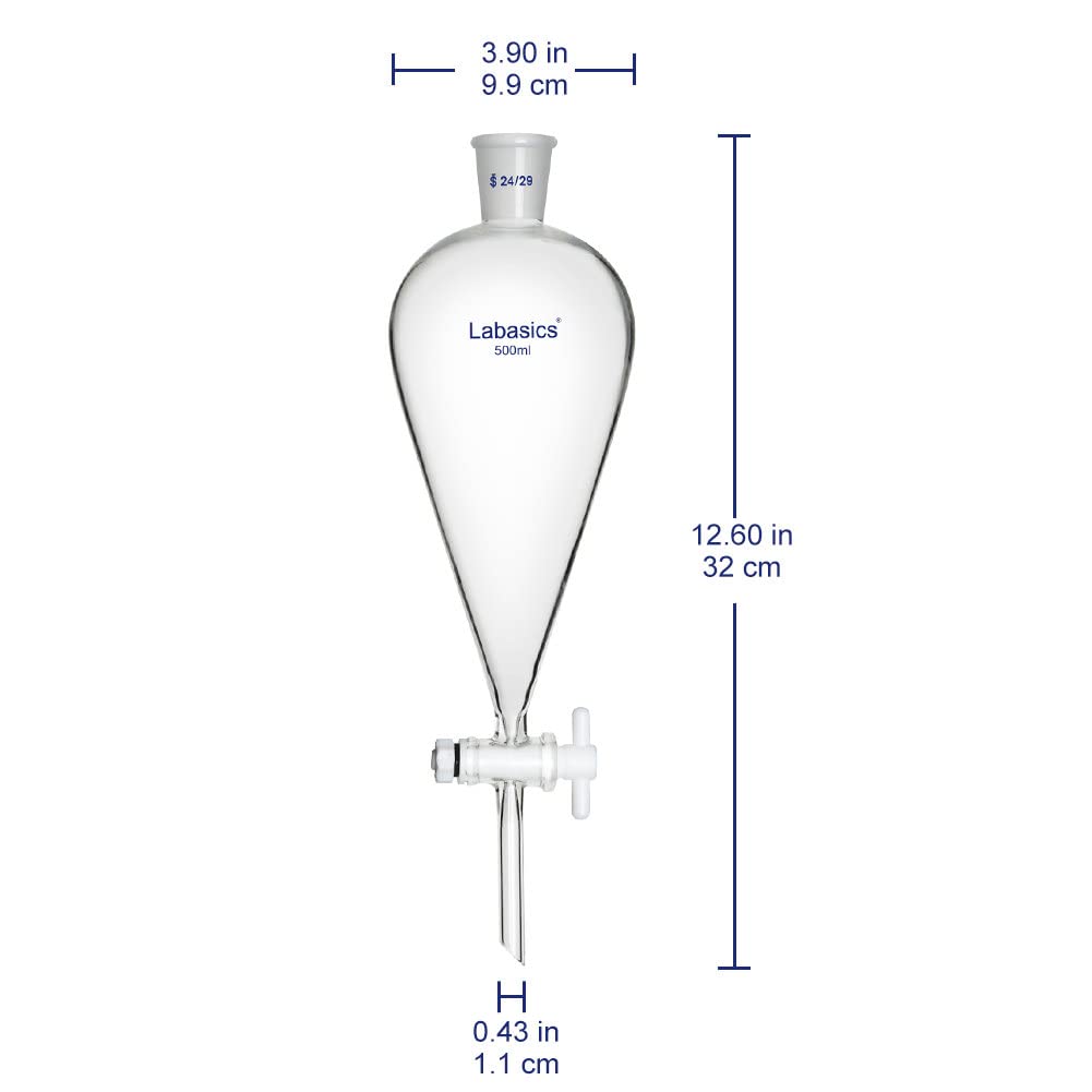 Labasics 500ml Heavy Wall Borosilicate Glass Conical Separatory Funnel with 24/29 Joints & PTFE Stopcock - Ideal for Chemistry Labs, Liquid Extraction, and Scientific Experiments