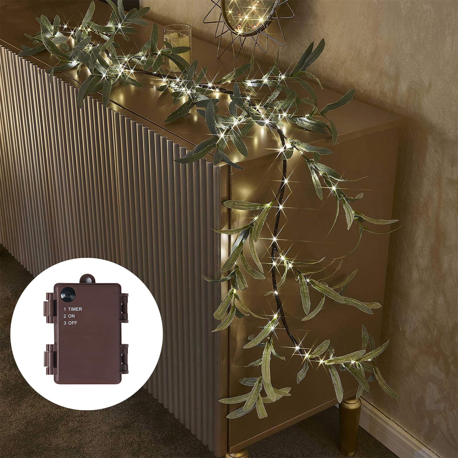 Birchlitland 6FT Battery Operated LED Olive Garland with Timer - 96 Warm White Fairy Lights, Faux Vine Decor for Fireplace Mantel, Wall, Patio, Wedding & Holiday (Perfect for Christmas, Thanksgiving & Home Party Decoration)