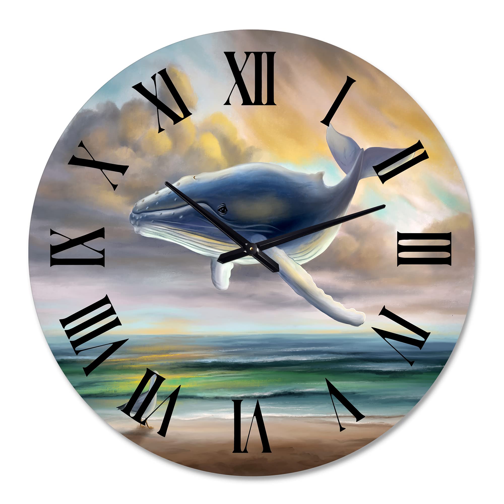 DesignQ Kids' Whale in The Sky Wall Clock - Large Landscape & Nature Themed Wall Decor for Children's Room, Playroom & Nursery | Perfect for Home, Classroom & Office Decor