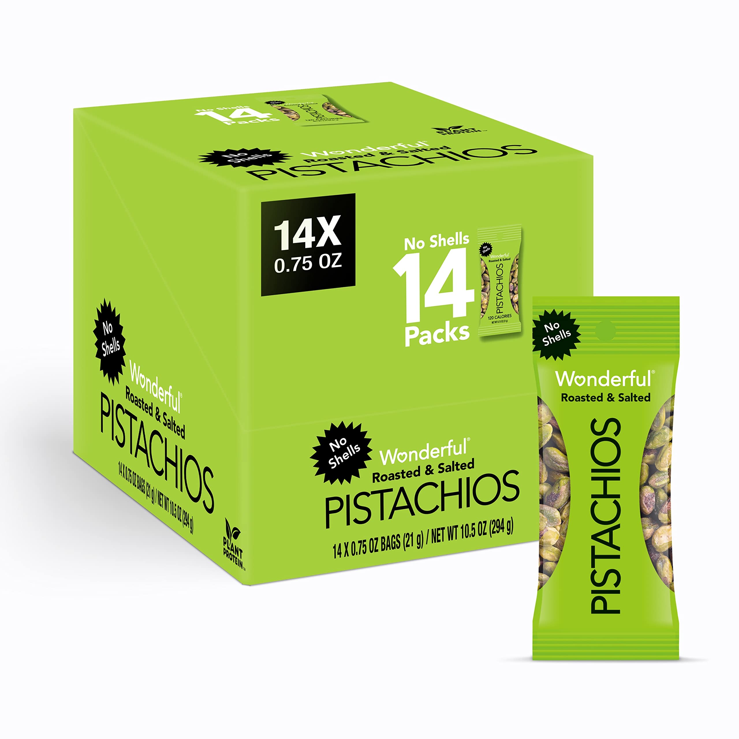 Wonderful Pistachios No Shells, Roasted & Salted Nuts - 0.75oz Bags (14-Pack) | High Protein Vegan Snacks | Perfect for On-the-Go, Office, Travel & Healthy Snacking