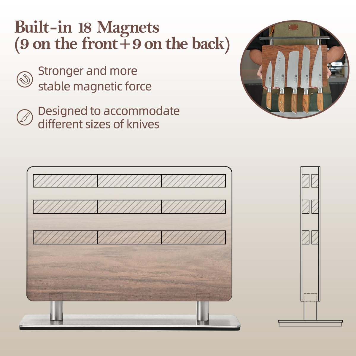 Premium Magnetic Knife Block - Natural Walnut Knife Holder with Strong Double-Sided Magnets for Countertop Storage | Perfect Kitchen Organizer for Chefs & Home Cooks | Ideal for Countertop, Kitchen Island & Open Shelf Display