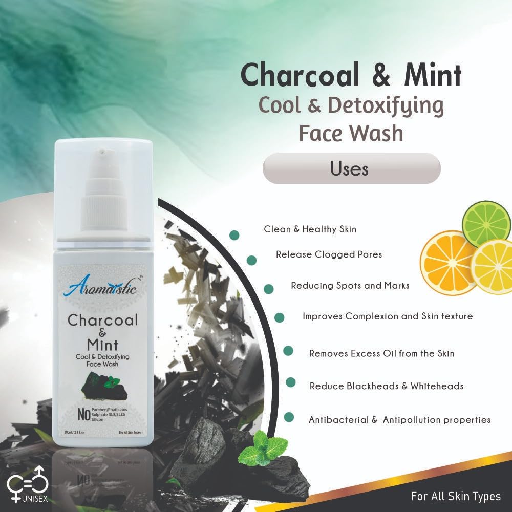 Natural Charcoal & Mint Face Wash for Men & Women - Deep Cleansing, Exfoliating, Aromatherapy | Paraben & Sulfate Free, Pollution Defense | 100ml | Perfect for Daily Skincare & Post-Workout Refreshment