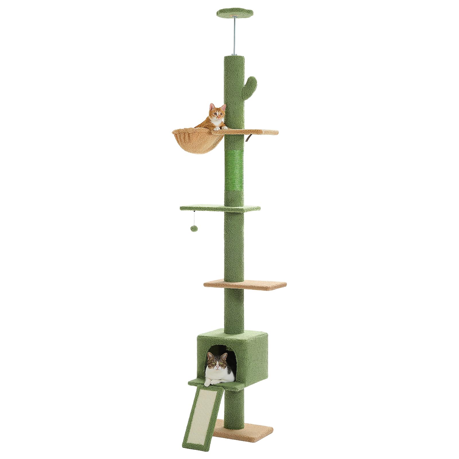 PAWZ Adjustable Floor-to-Ceiling Cat Tree Tower (82.7''-107.8'') - Tall Cactus Design Cat Climbing Furniture with Scratching Post, Ladder, Hammock & Condo for Indoor Cats - Perfect for Small Spaces & Cat Play Areas - Green
