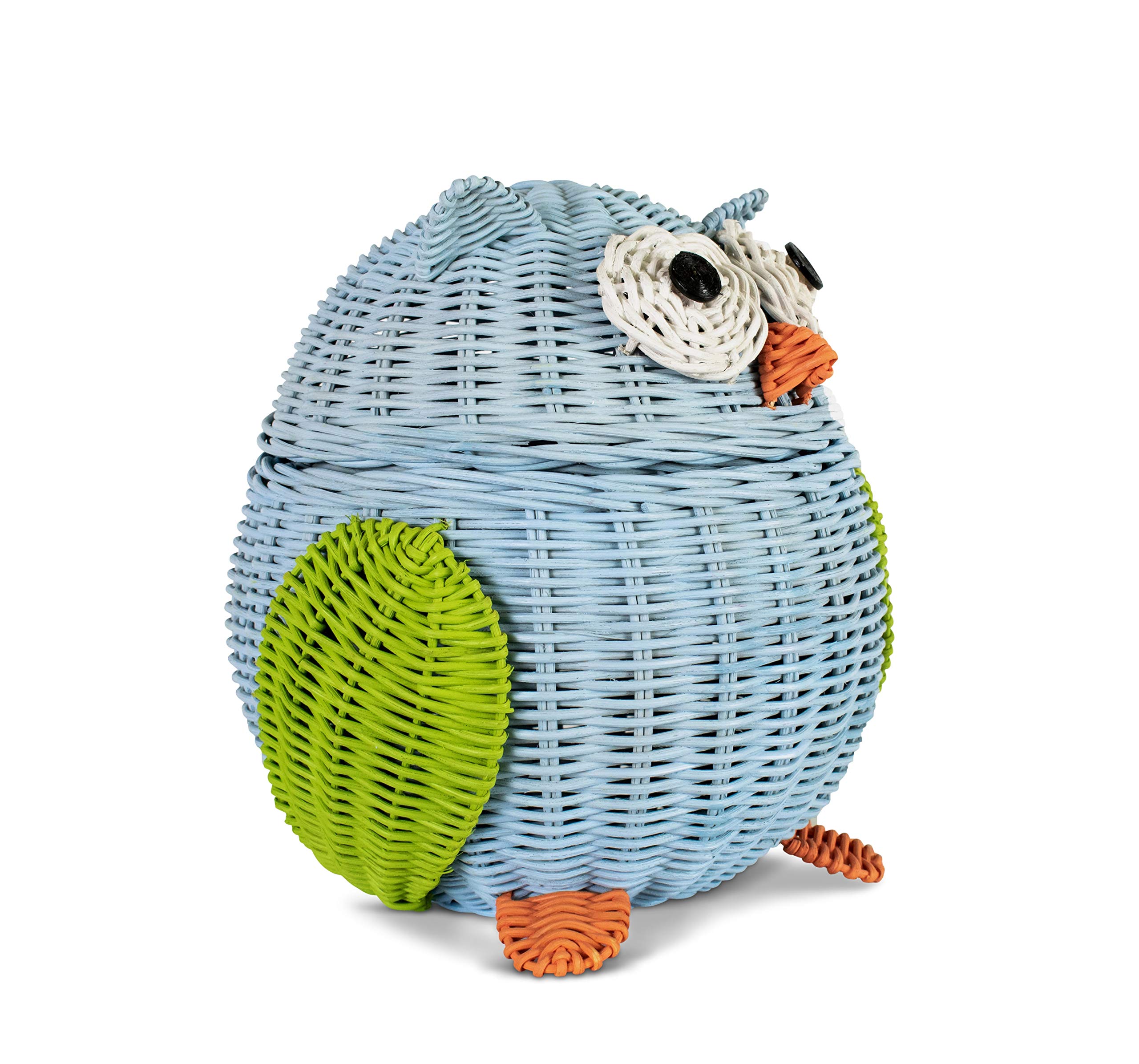 Handwoven Owl Rattan Storage Basket with Lid - Large Blue Wicker Organizer for Home Decor, Shelf Storage & Gift | Perfect for Nursery, Living Room & Bathroom Organization