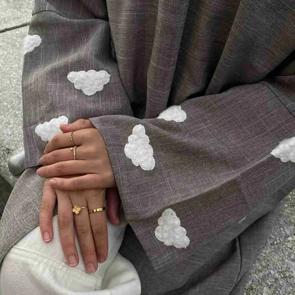 Elegant Cloud Embroidery Cardigan Open Abaya Dress for Women - Boho Chic Loose Cover Up for Mosque, Prayer, Home & Special Occasions
