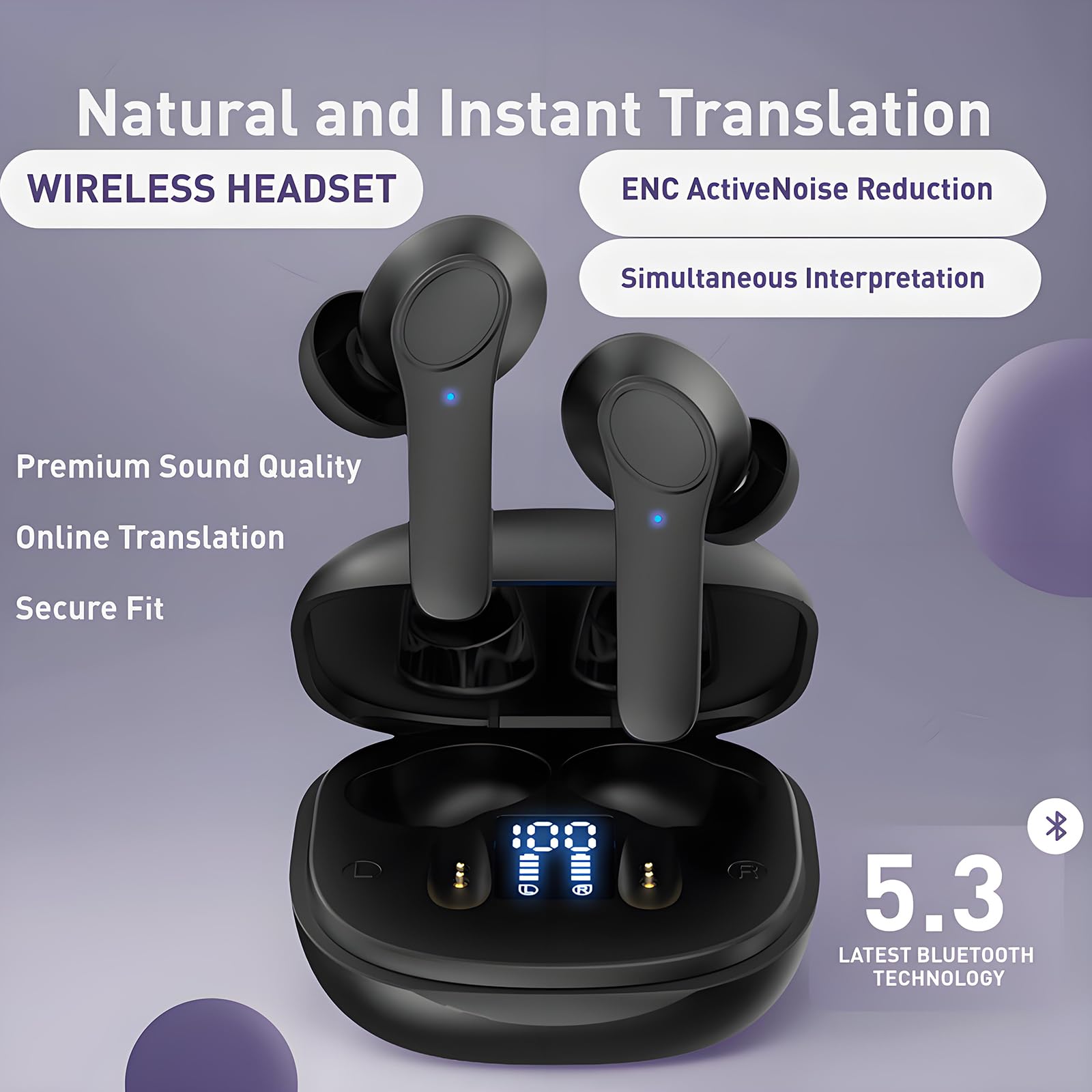Real-Time Translation Earbuds - 144 Language Two-Way Translator for iOS & Android | 3-in-1 Wireless Earbuds with Accent Recognition | Perfect for Travel, Business Meetings & International Communication (Black)