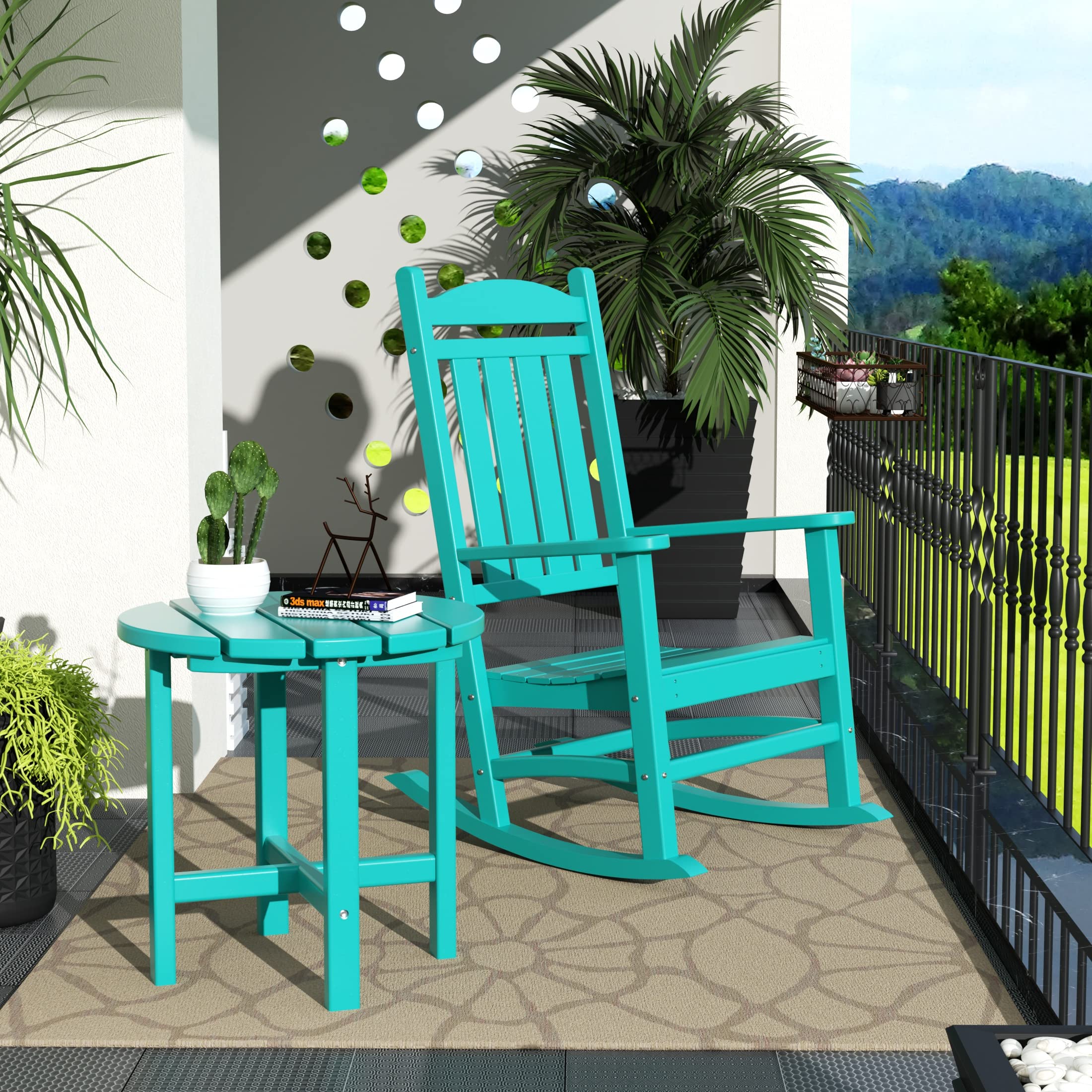 WO Home Furniture Patio Rocking Chair - Farmhouse Style Outdoor Rocker with HDPE & UV-Resistant Finish (Turquoise) - Perfect for Porch, Garden, Deck & Backyard Relaxation