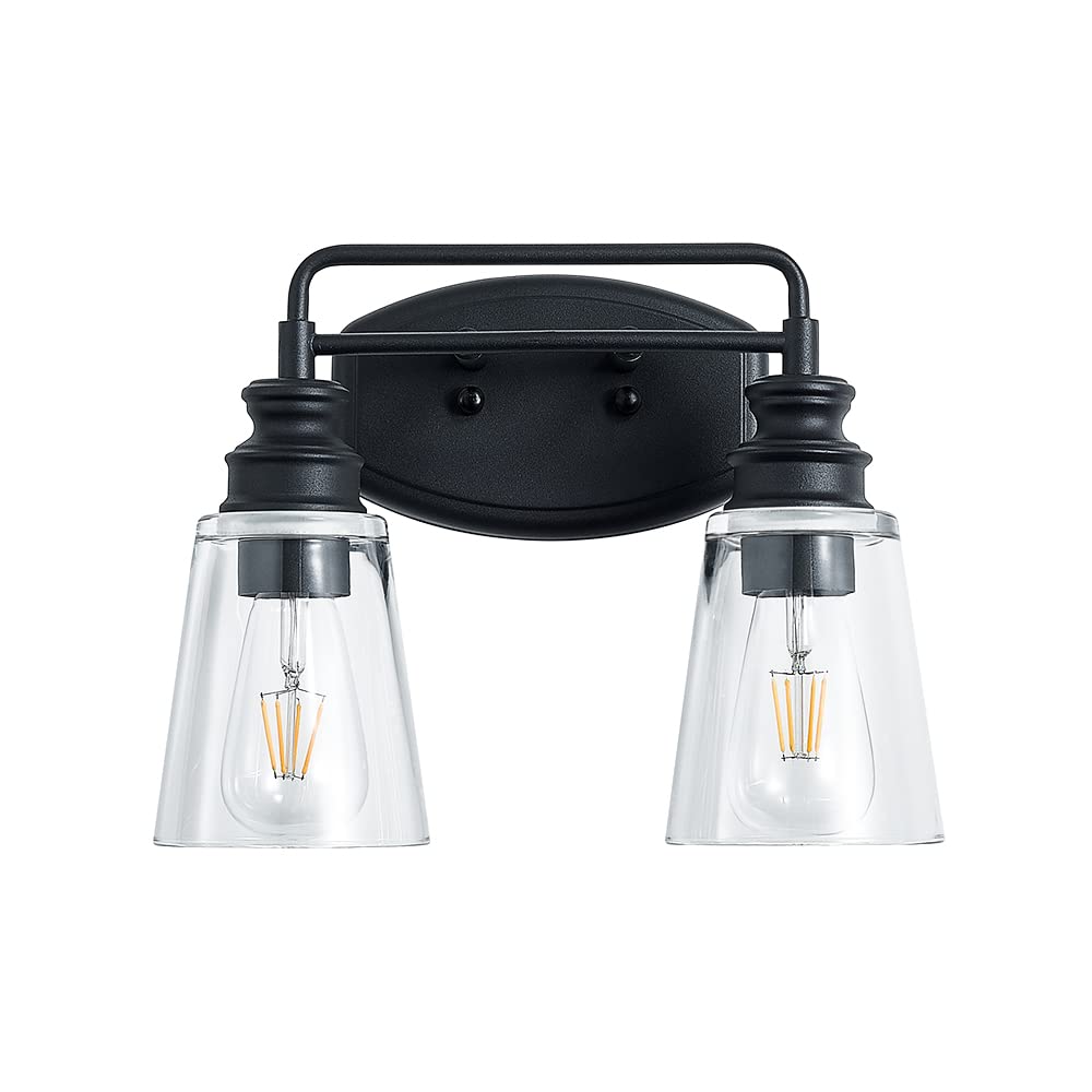 Hantop 2-Light Industrial Vanity Lights - Black Bathroom Wall Sconce with Clear Glass Shades, Vintage Metal Fixture for Bathroom Cabinets & Dressing Tables (E26 Base) - Perfect for Modern Farmhouse, Industrial Style Bathrooms & Bedroom Vanity Areas