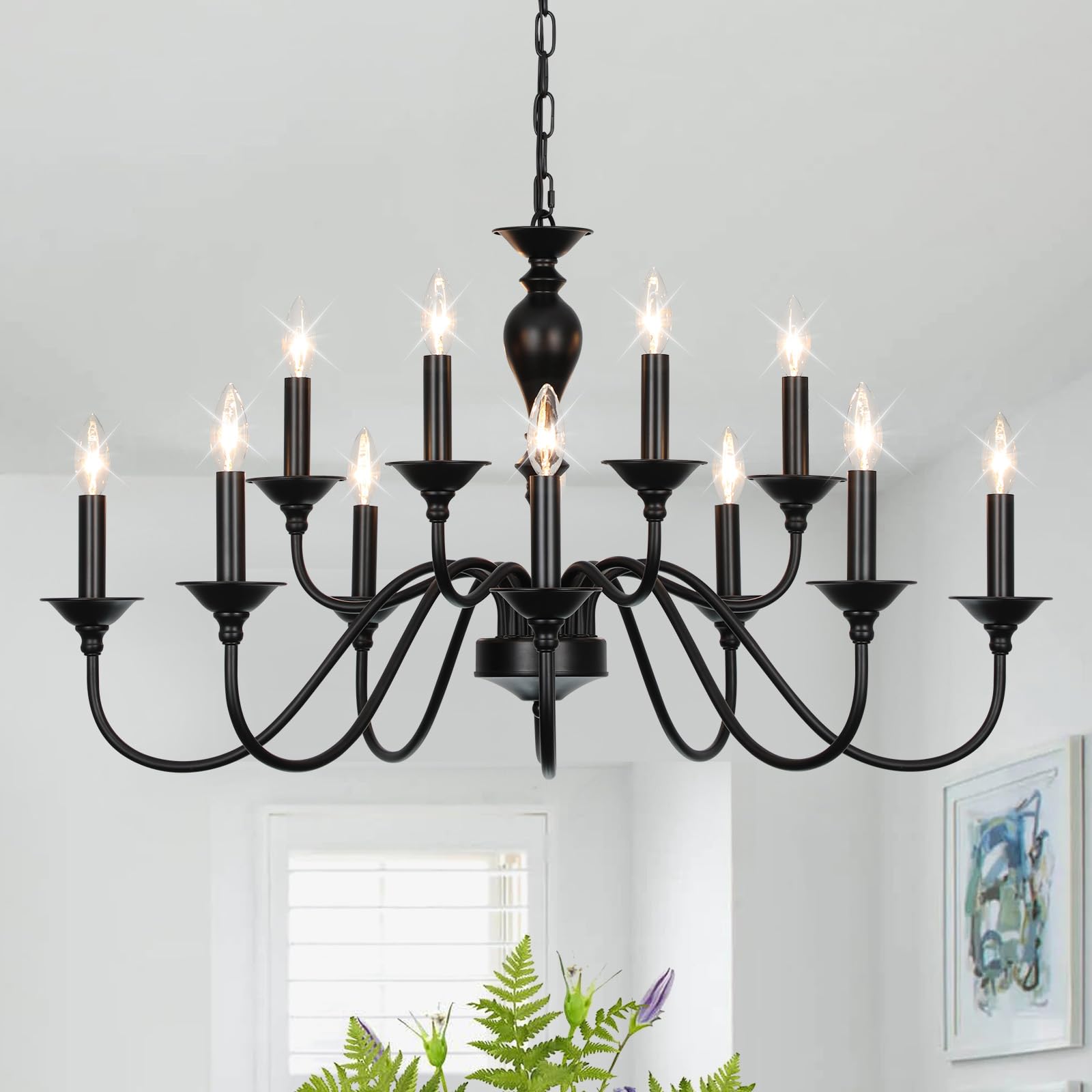 12-Light Black Farmhouse Chandelier - Industrial Candle Hanging Light Fixture for Dining Room, Kitchen Island, Living Room, Foyer & Staircase | Rustic Ceiling Lighting for Farmhouse Decor & Modern Homes