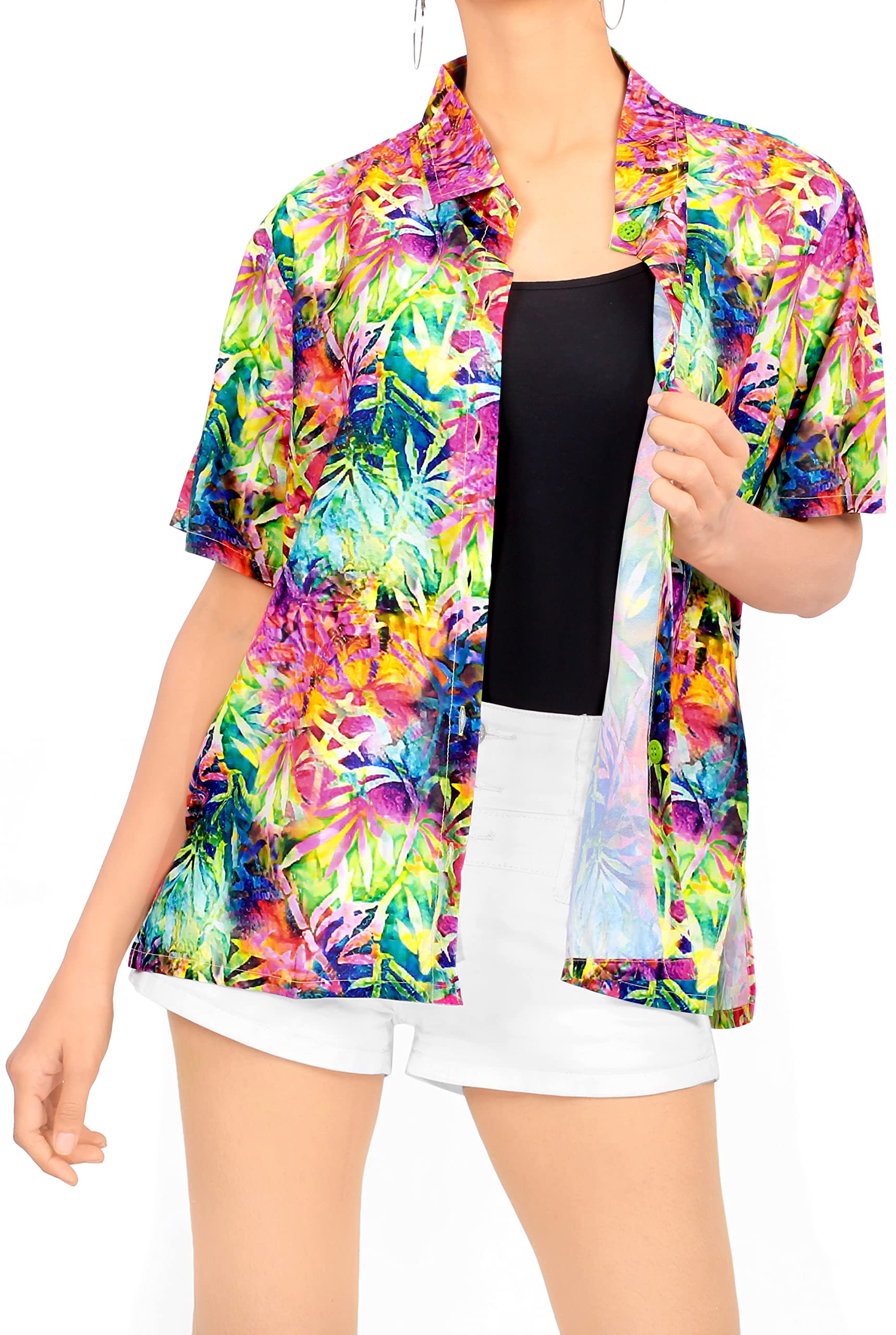 LA LEELA Women's Short Sleeve Hawaiian Blouse - Tropical Floral Print Beach Shirt for Summer Vacation, Pool Party & Casual Outfit
