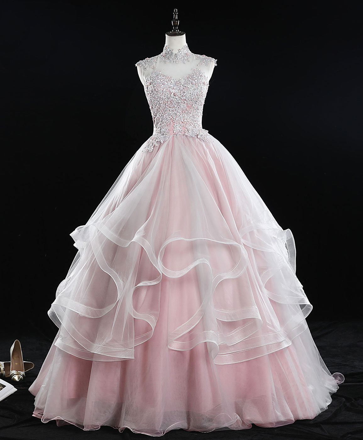 Elegant Pink High Neck Tulle Lace Sweet 16 Dress | Long Prom Gown for Teen Girls | Perfect for Quinceañera, Homecoming, and Formal Events