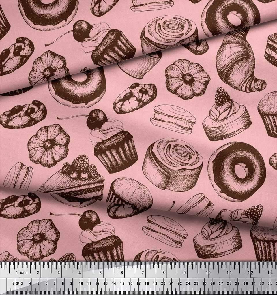 Soimoi Pink Silk Fabric by The Yard - 42 Inch Wide - Cupcake, Donut & Cookies Print - Whimsical Food-Themed Design for Sewing, Quilting & DIY Crafts - Perfect for Dresses, Scarves & Home Decor Projects