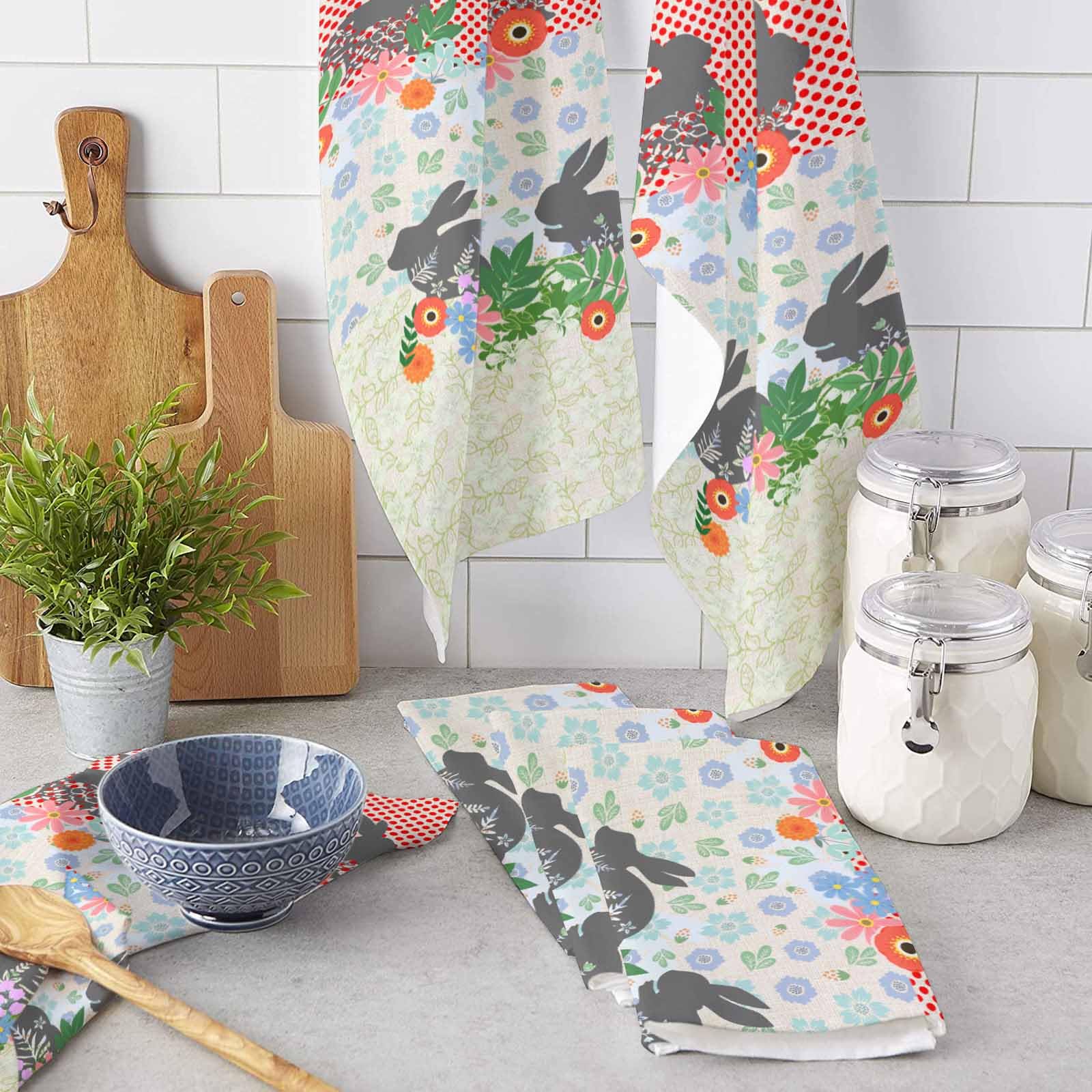 **3 Pack Super Absorbent Microfiber Dish Towels - Soft Kitchen Hand Towels with Easter Bunny & Floral Design for Washing Dishes, Cleaning, Bathroom & Bar Use**    *(Perfect for Spring Decor, Dish Drying, Counter Wiping & Hostess Gifts!)*