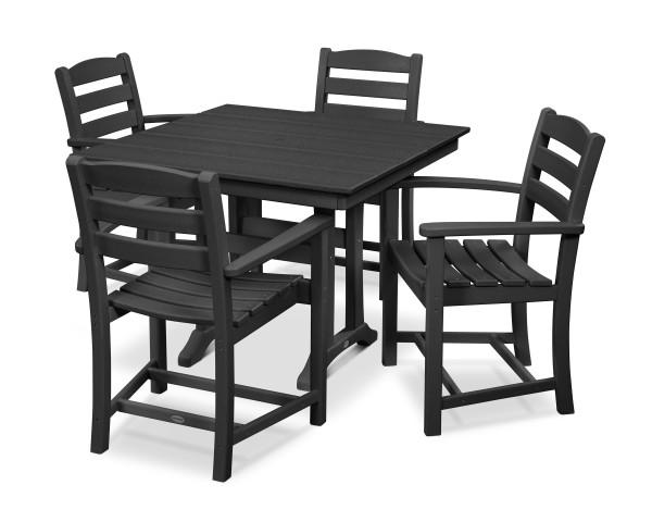 Polywood Black La Casa Cafe 5-Piece Farmhouse Trestle Arm Chair Dining Set - Outdoor Patio Furniture for Garden, Backyard, and Restaurant Use