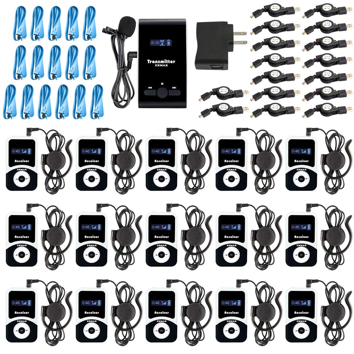 EXMAX EX-100 Wireless Tour Guide System - 1 Transmitter & 15 Receivers with Microphone & Headset for Church, Teaching, Conference, Travel Interpretation - Perfect for Simultaneous Translation, Silent Events & Group Tours