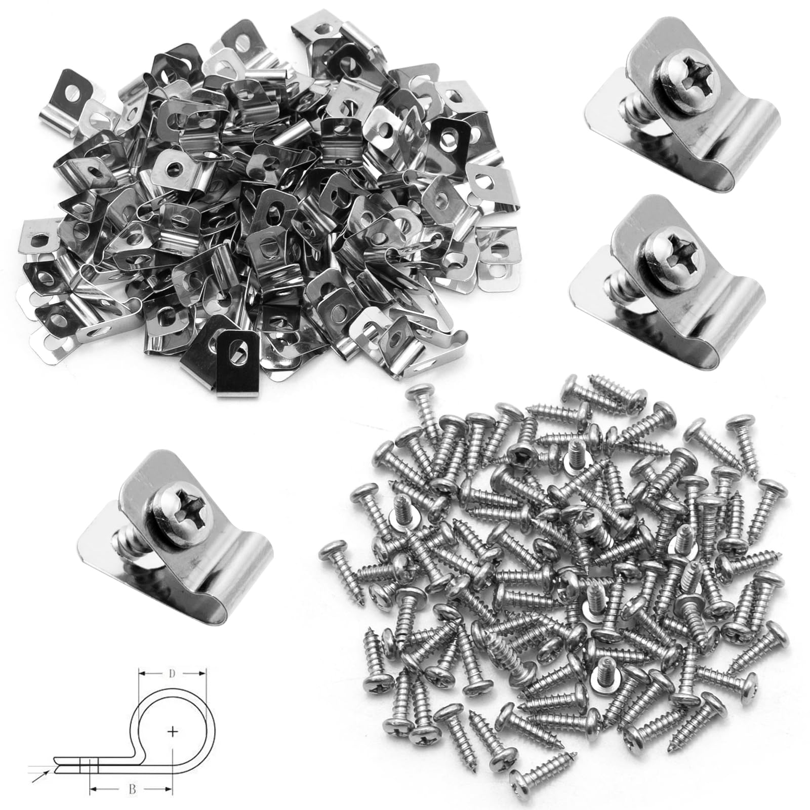 100Pcs Stainless Steel Wire Fence Clips with Screws - 3.2mm Diameter Heavy Duty Fencing Mounting Clips for 12-16 Gauge Wire - Secure Vinyl, Wood & Metal Fences - Perfect for Farm, Garden & Livestock Enclosures