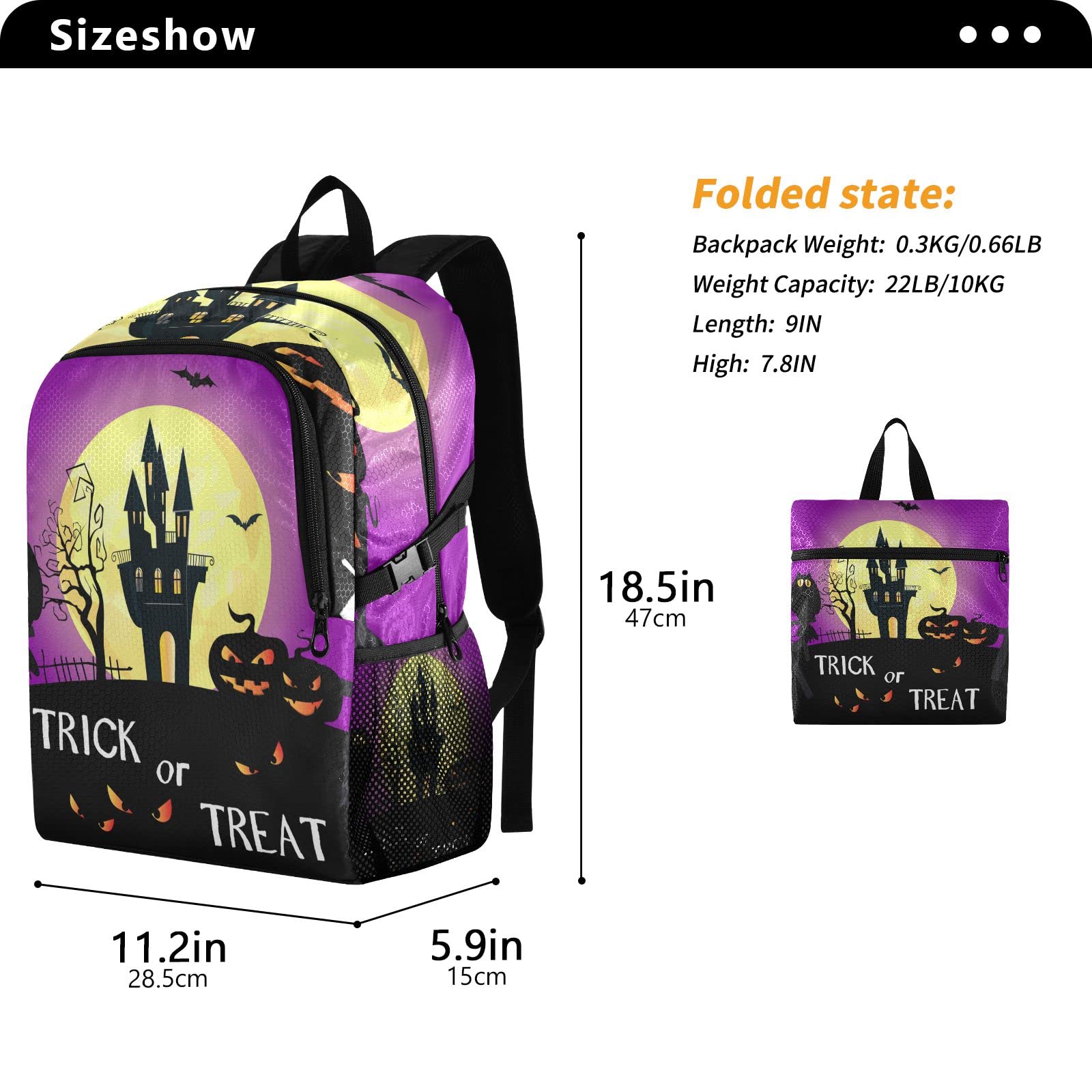 Waterproof 20L Lightweight Packable Backpack for Halloween Hiking, Outdoor Travel & Camping | Haunted House Bat Design Grocery Daypack | Perfect for Trick-or-Treating, Adventure Trips & Daily Commute