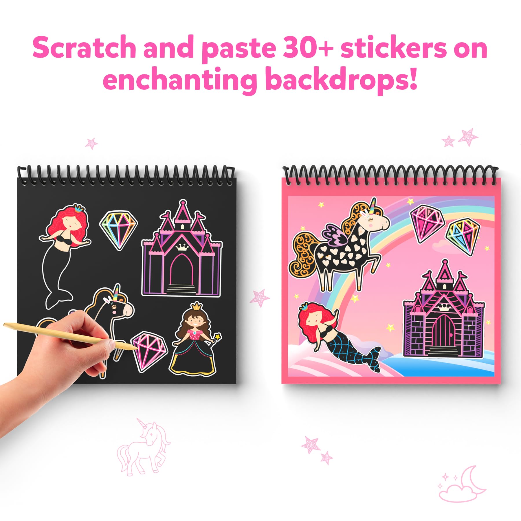 Skillmatics Scratch Art Book for Kids - Unicorns & Princesses DIY Craft Kit with 30+ Scratch Stickers, Travel Toys & Creative Supplies | Perfect Gift for Girls & Boys Ages 3-8 | Fun Activities for Birthday Parties, Road Trips & Rainy Day Play