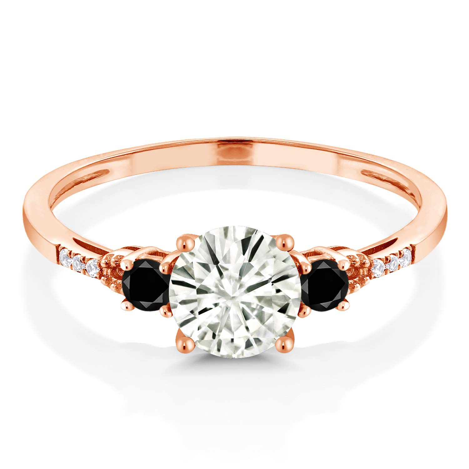10K Rose Gold Moissanite Black & White Diamond 3-Stone Engagement Ring for Women - 0.97 CTTW, 6MM Round Cut (Perfect for Proposals, Anniversaries & Special Occasions)