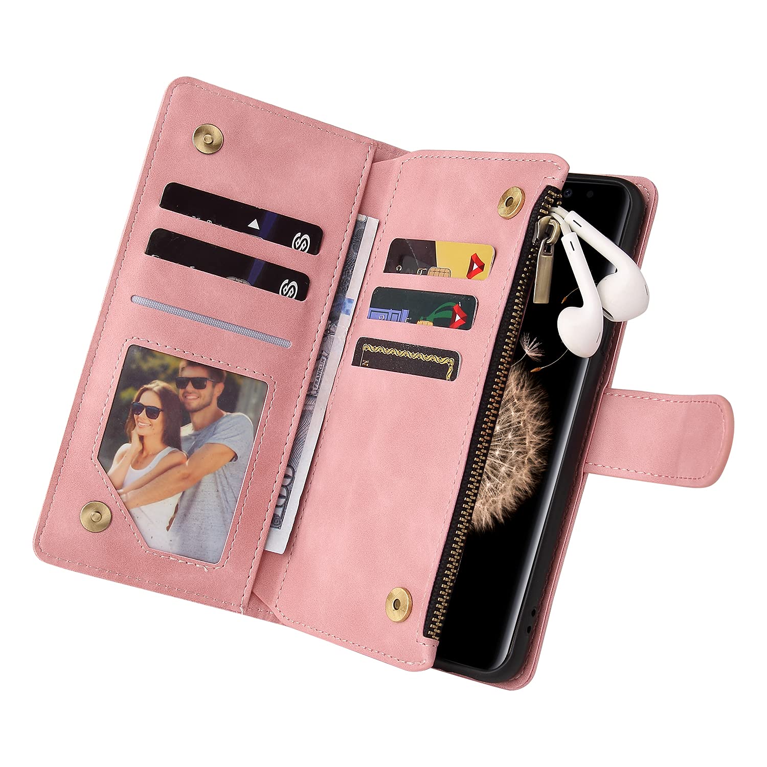 Premium PU Leather Wallet Case for Samsung Galaxy S9 - Magnetic Closure, Card Slots & Kickstand | Women's Handbag Style with Zipper Pocket & Hand Strap (Pink) - Perfect for Daily Use, Travel & Shopping