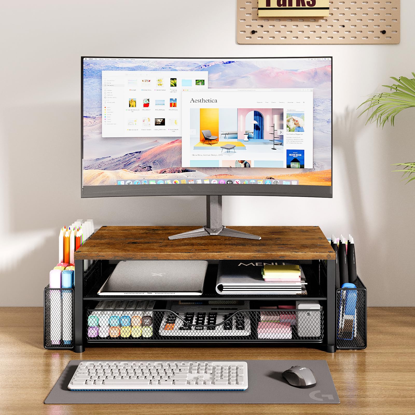 2-Tier Wooden Monitor Stand with Drawer & Pen Holders - Desk Organizer for Computer Accessories | Office Workspace Storage Solution for Supplies, Papers & Stationery | Perfect for Home Office & Workspace Organization