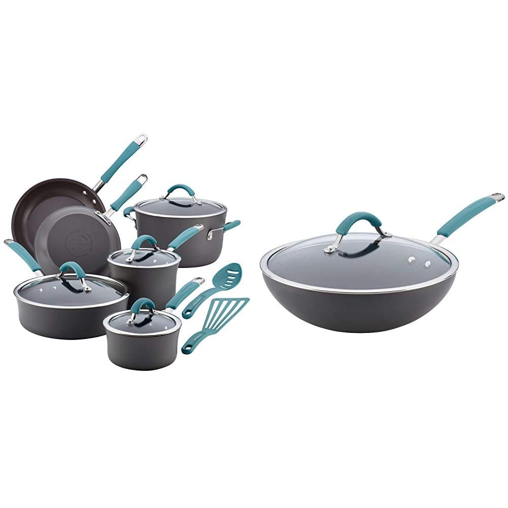 Rachael Ray Cucina 12-Piece Hard Anodized Nonstick Cookware Set & 11-Inch Stir Fry Wok with Lid - Gray with Blue Handles - Durable Kitchen Pots and Pans for Sauteing, Frying, Boiling - Perfect for Home Cooking & Professional Chefs