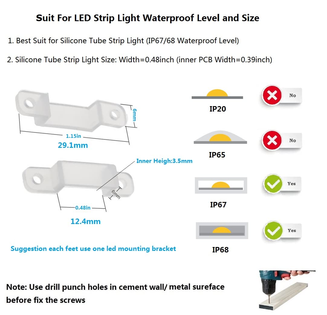 100 Pack LED Strip Light Mounting Brackets with 200 Screws - 12mm Wide IP67/68 Waterproof LED Light Strip Clips & Holders - Perfect for Home, Office, and Outdoor Lighting Projects