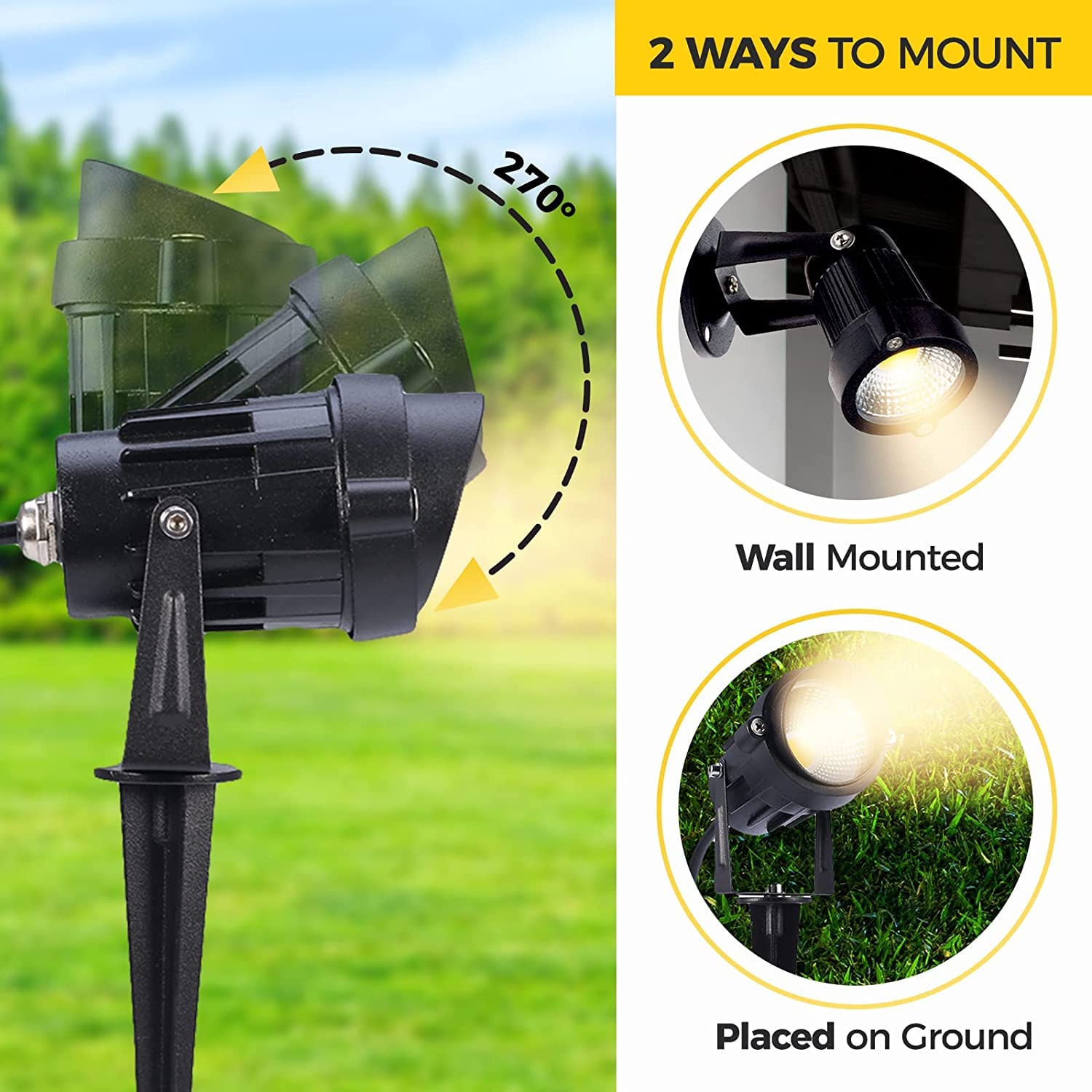 6 Pack LED Outdoor Landscape Spotlights - 120V AC Waterproof Garden Lights with Spiked Stake for Yard, Patio, Lawn, Wall & Driveway - Warm White Flood Lighting (US 3-Plug) - Perfect for Flag Lighting, Pathway Illumination & Security Lighting