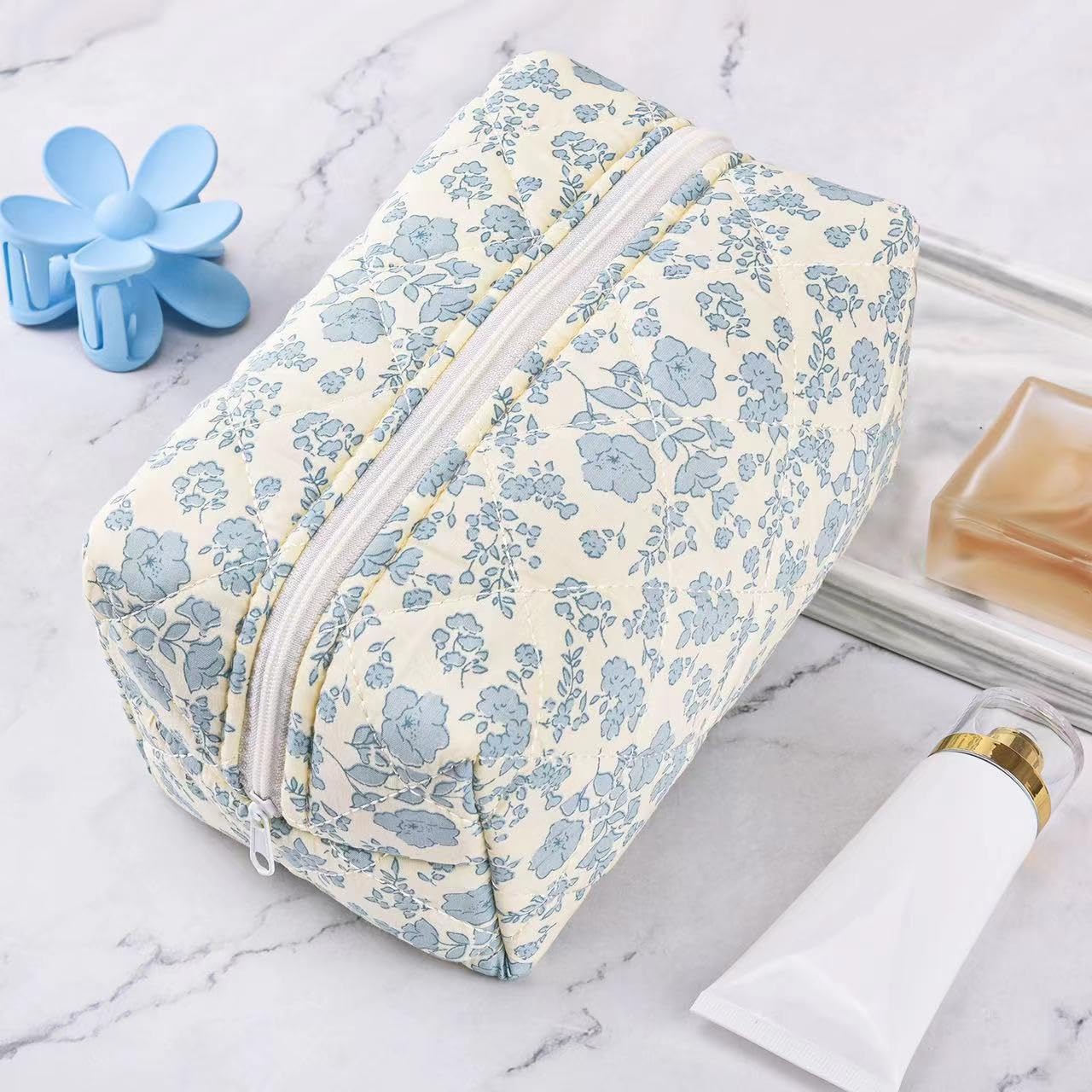 Floral Quilted Makeup Bag - Large Pink Puffy Cosmetic Pouch for Travel, Coquette Style, Fashionable & Cute | Perfect for Makeup Storage, Gym Essentials, and Weekend Getaways