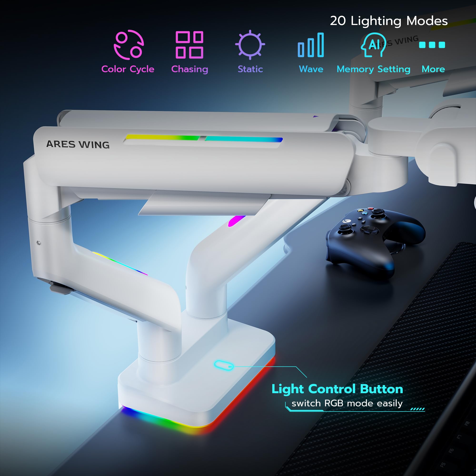 ARES WING Dual Monitor Stand for 17-35 Inch Screens - Heavy Duty Adjustable Gas Spring Monitor Arm with RGB Lighting, 44 lbs Capacity, 75/100 VESA Mount (Clamp/Grommet Base, White) - Perfect for Home Office, Gaming Setup & Workspace Ergonomics
