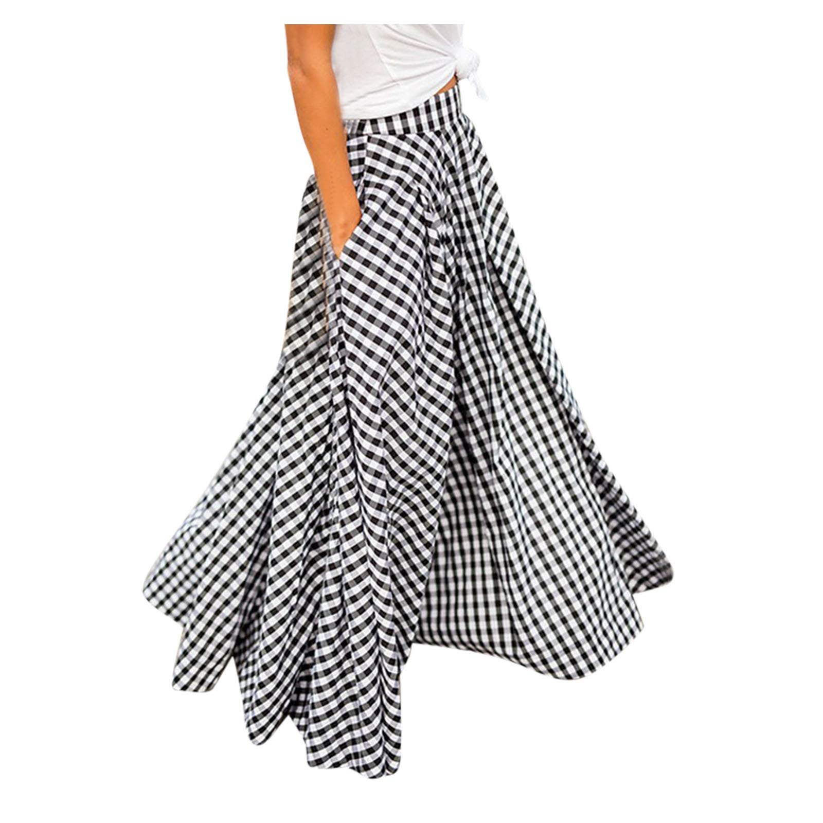JPLZi Women's High Waisted Plaid Elastic Pleated Maxi Skirt - Retro Long Skirt with Pockets - Casual & Comfortable for Everyday Wear, Office, Date Night & Special Occasions