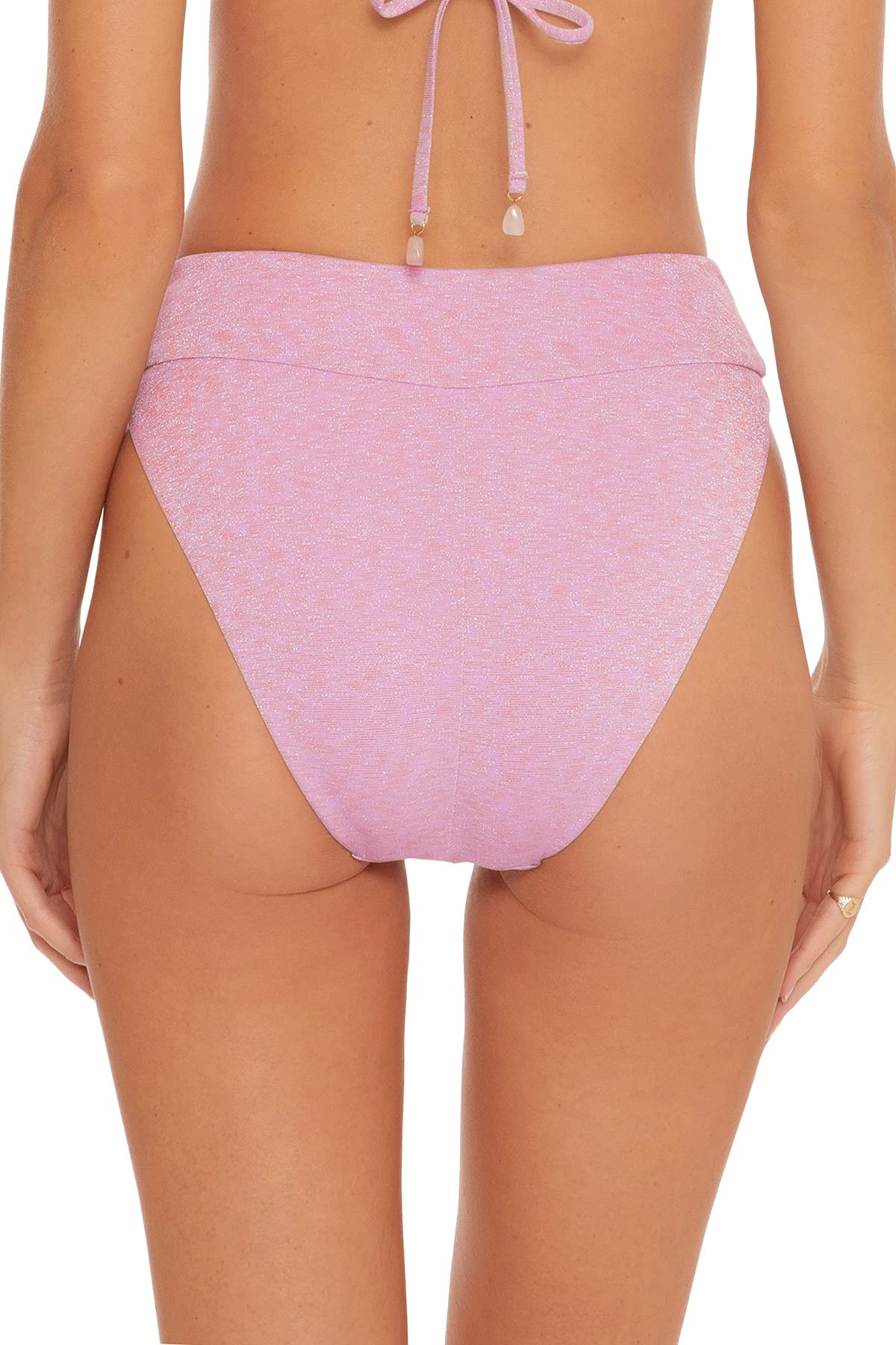ISABELLA ROSE Women's Metallic High Leg Banded High Waist Bikini Bottom - Rose Quartz Color | Sexy Swimwear for Beach, Pool & Vacation | Plus Size Friendly