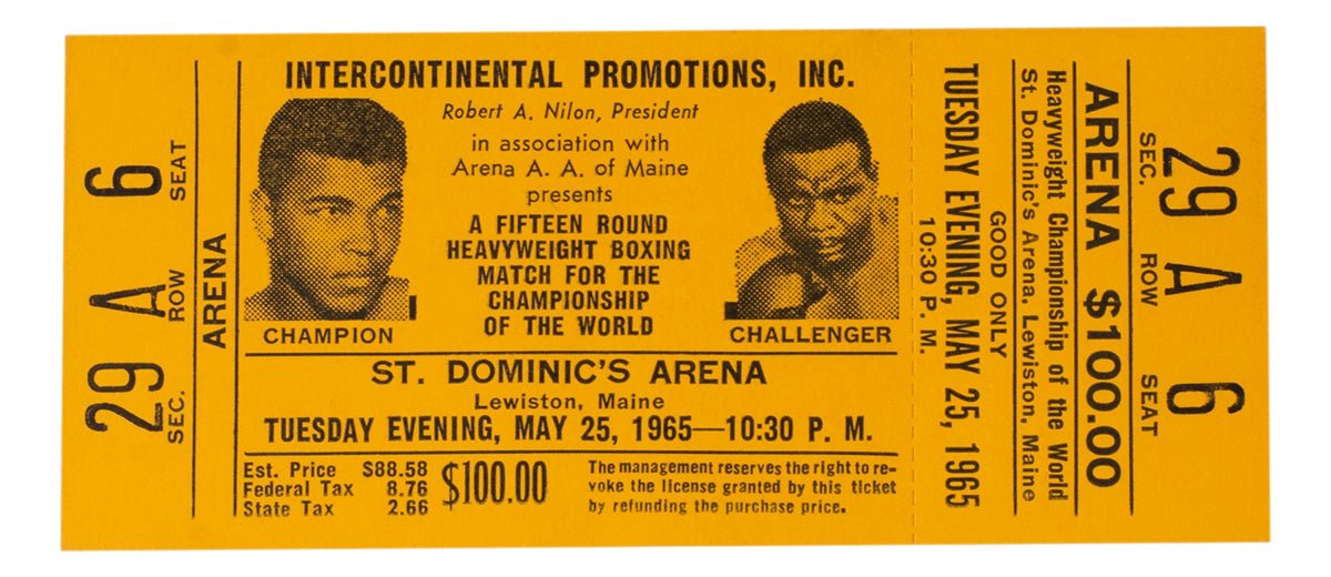 1965 Muhammad Ali vs Sonny Liston Phantom Punch Boxing Match Orange Full Ticket - Rare Vintage Collectible for Boxing Memorabilia & Sports History Enthusiasts