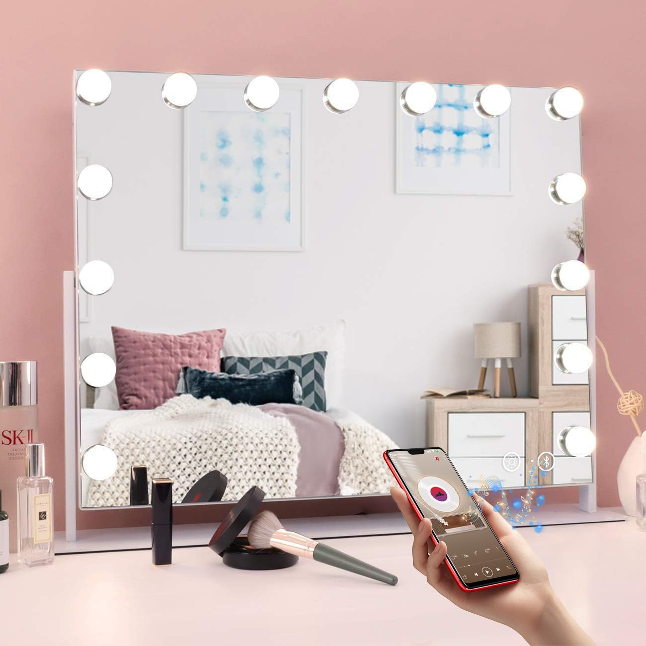 MISAVANITY Hollywood Vanity Mirror with Lights & Bluetooth Speaker - 360° Rotating Makeup Mirror with 15 Dimmable LED Bulbs, 3 Color Lighting Modes & USB Charging Port - Perfect for Dressing Room, Bedroom & Beauty Salon (White)