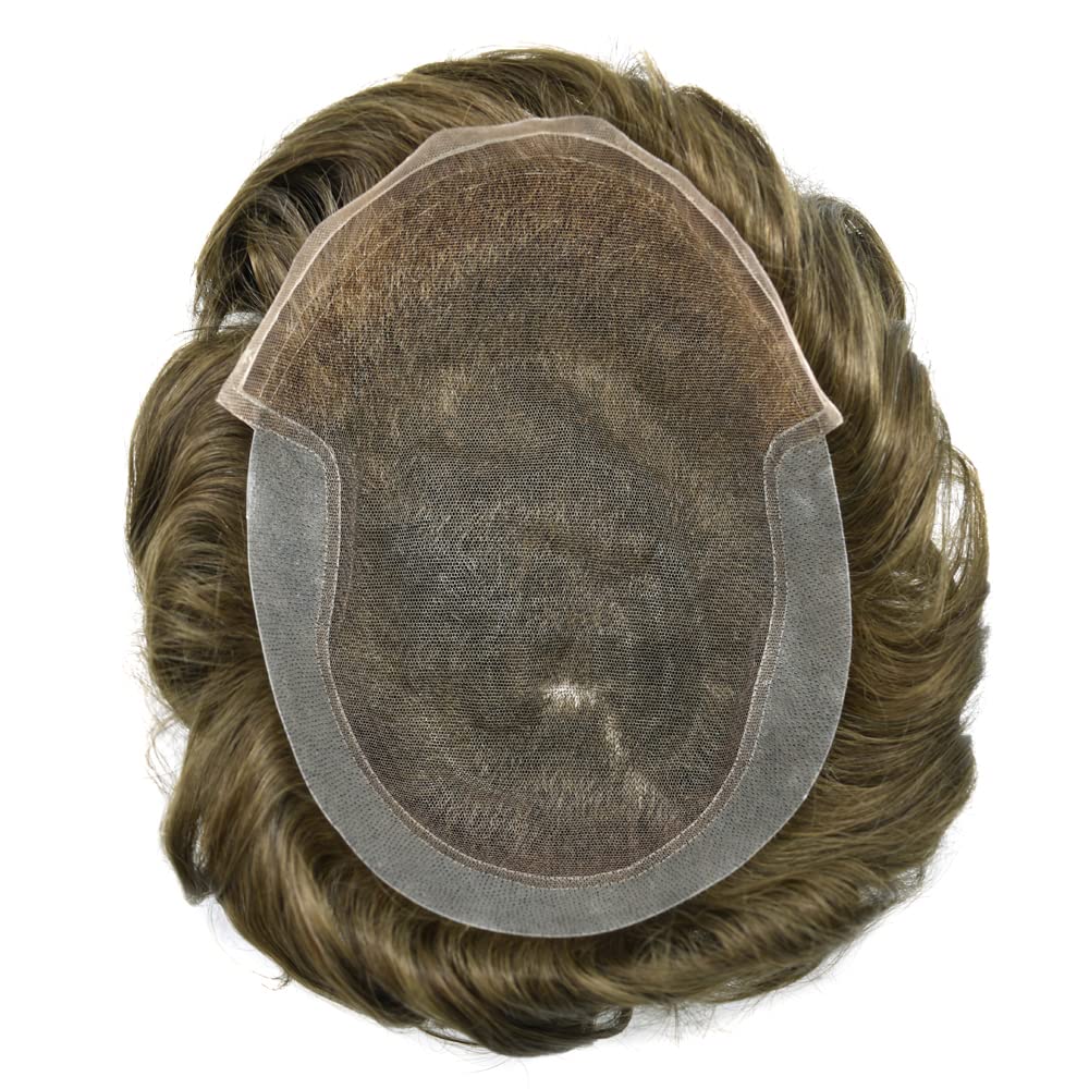 Natural Swiss Lace Men's Toupee - 100% Human Hair Replacement System with Bleached Knots & PU Base | 8x10 Inch Light Medium Density Wig (Color 7# Very Light Brown) | Perfect for Daily Wear, Special Occasions & Hair Loss Solutions