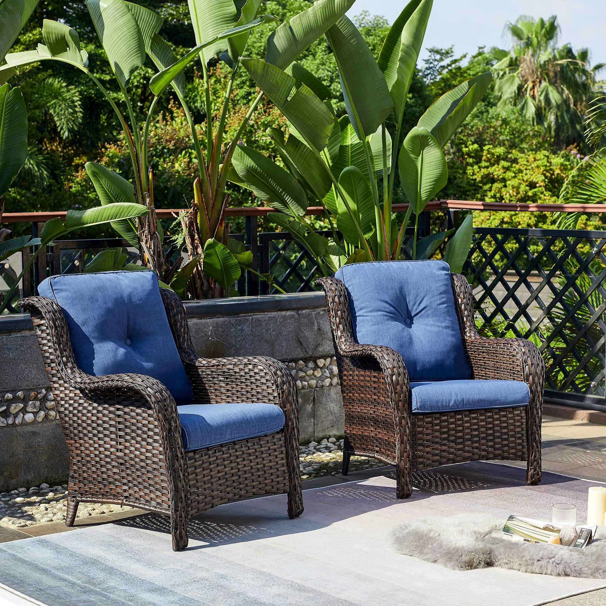 Outdoor Wicker Patio Chairs Set of 2 - Rattan Dining Chairs for Porch, Backyard & Garden - High Back Deep Seating Club Chairs in Brown/Blue - Perfect for Relaxing, Entertaining & Outdoor Dining