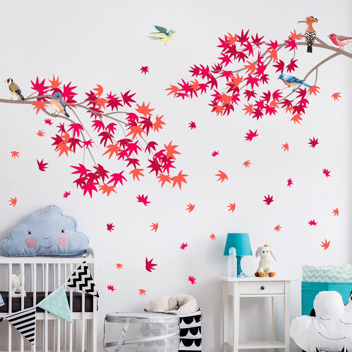 Thanksgiving Maple Leaf Wall Decals - Fall Red Leaves with Birds on Branches, Removable Peel & Stick Vinyl Wall Art for Autumn Home Decor | Perfect for Kids Bedroom, Nursery, and Seasonal Thanksgiving Party Decorations