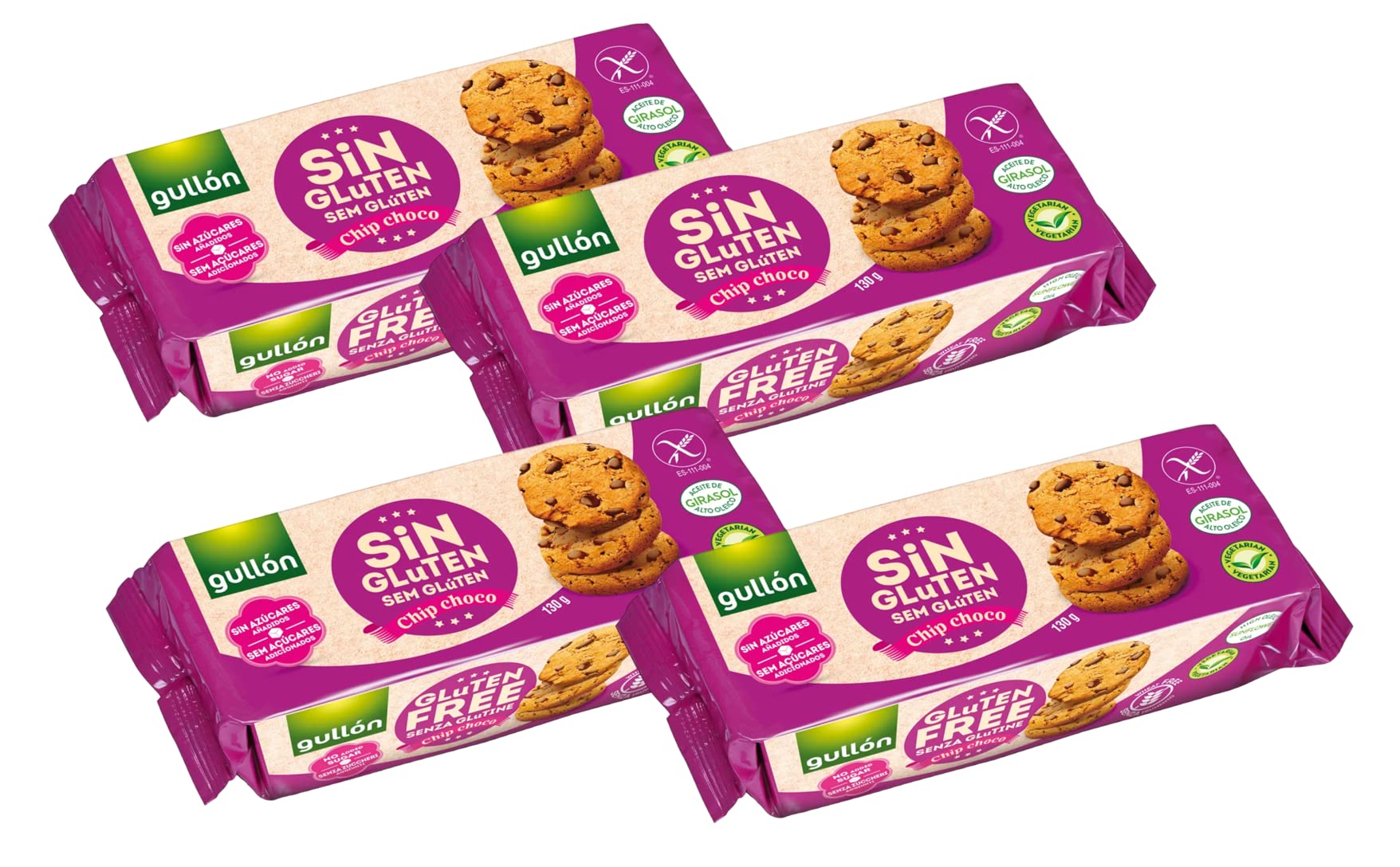 Gullon Gluten Free Dark Chocolate Chip Cookies - 4 Pack (130g Each) | Crunchy, Delicious & Healthy Snack for Kids, Adults & Celiac Diet | Perfect for Lunchboxes, Tea Time & On-the-Go Snacking