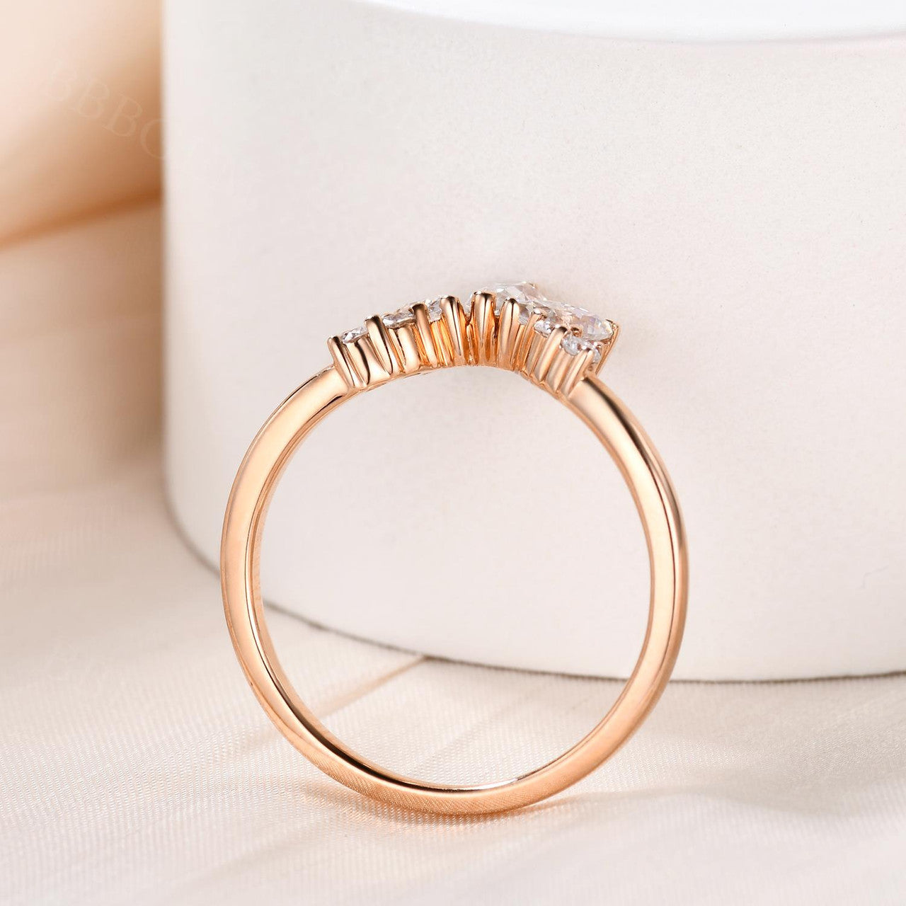 18K Rose Gold Three Stone Graduated Marquise & Round Moissanite Diamond Curve Band Ring | Elegant Wedding, Engagement, Anniversary Jewelry Gift for Women