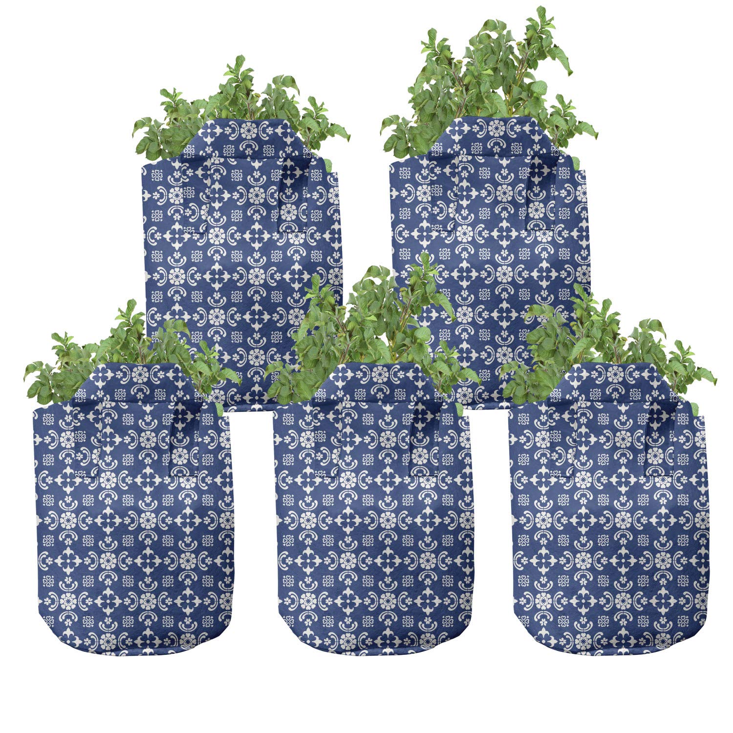 Ambesonne 5-Pack Heavy Duty Fabric Grow Bags with Handles - Talavera Tile Folk Art Design in Sky Blue - Durable Plant Pots for Indoor/Outdoor Gardening, Vegetables, Herbs & Flowers