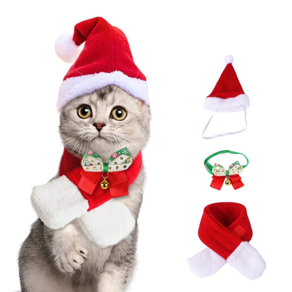 GARVEE 3-Piece Pet Christmas Costume Set - Cozy Polar Fleece Scarf, Hat & Dress for Cats & Dogs - Festive Holiday Outfit for Christmas Parties & Decor (Red & Green)