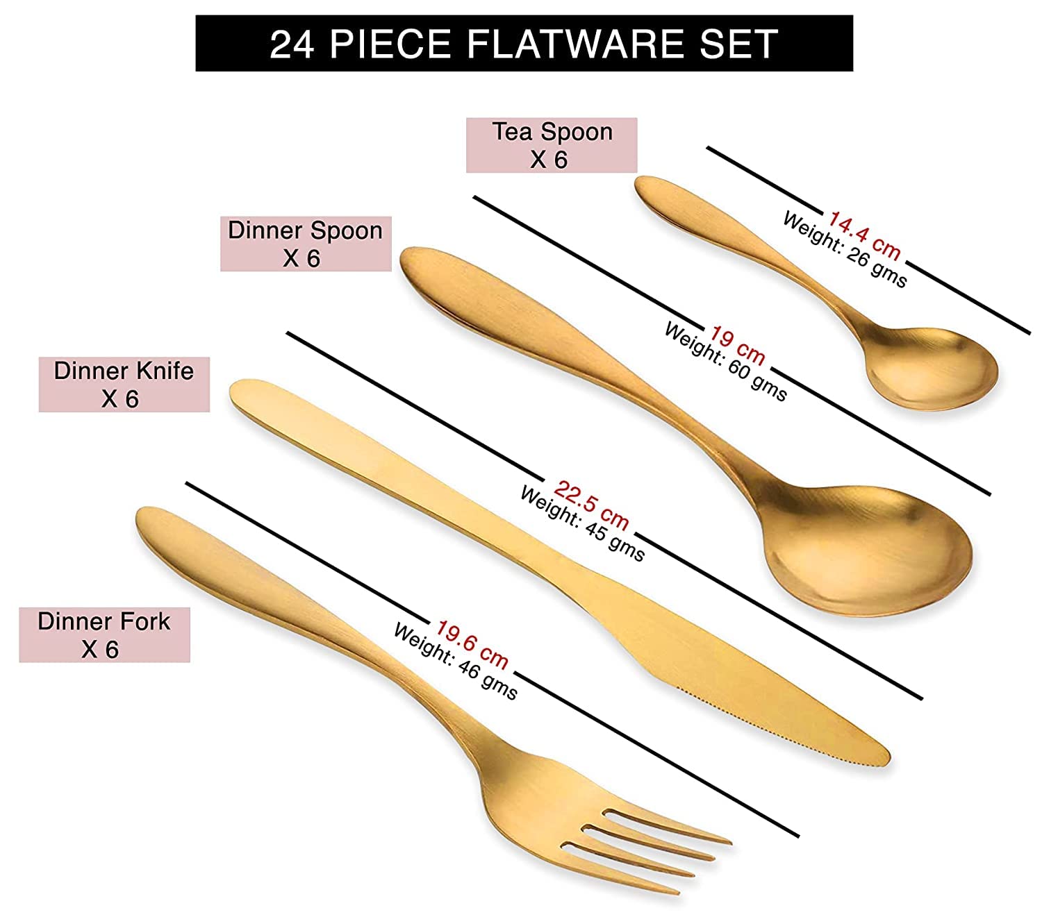 Premium 24-Piece Stainless Steel Gold PVD Coated Flatware Set - Knife, Fork, Spoon & Teaspoon for 6 People with Portable Gift Box & Organizer | Elegant Dinnerware for Weddings, Parties & Home Dining