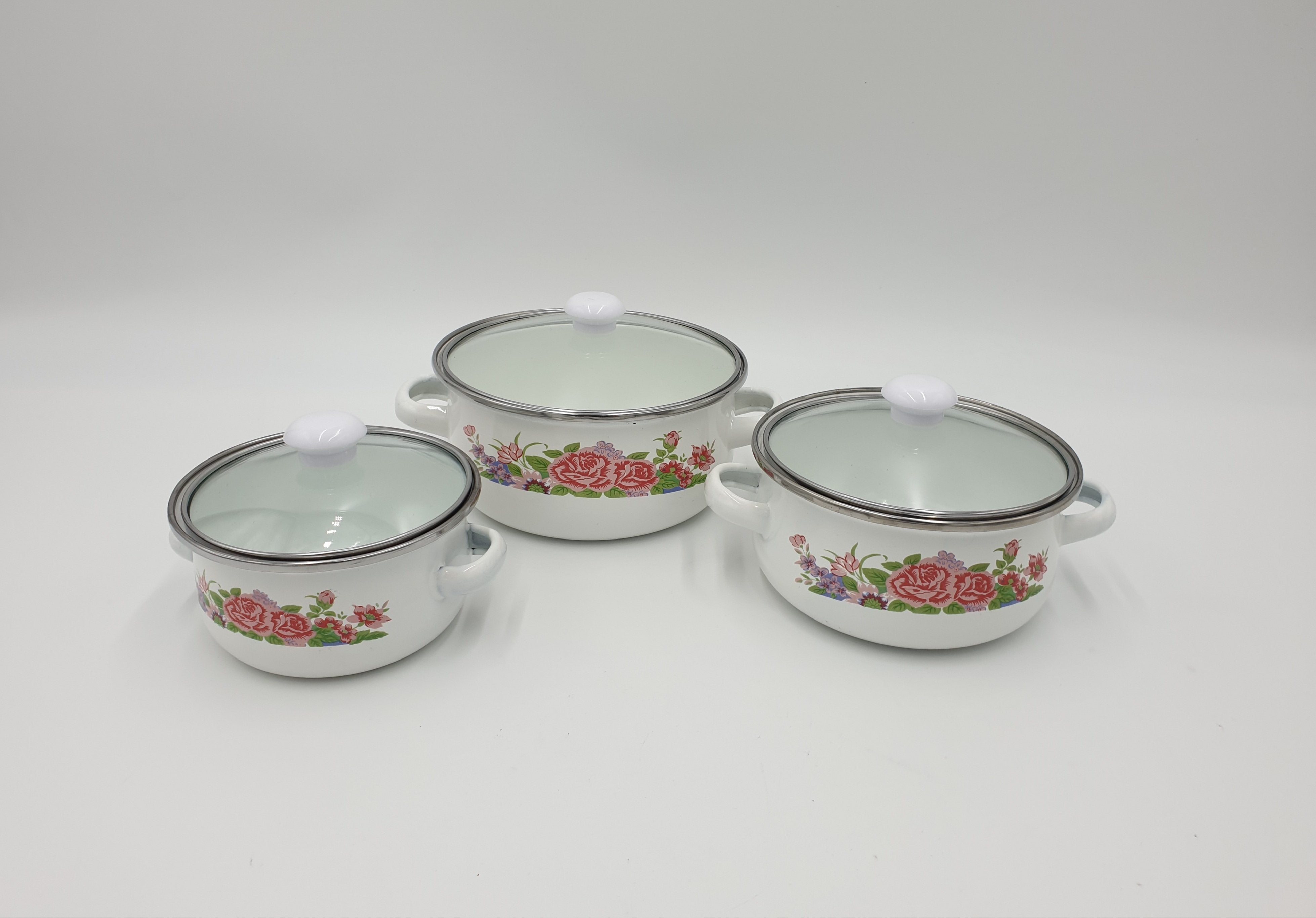 3-Piece Enamel Pot Set (5, 5.5, 6.5 Quart) - Durable Kitchen Cookware for Boiling, Stewing & Serving - 12/Case - Perfect for Camping, Home Cooking & Restaurant Use