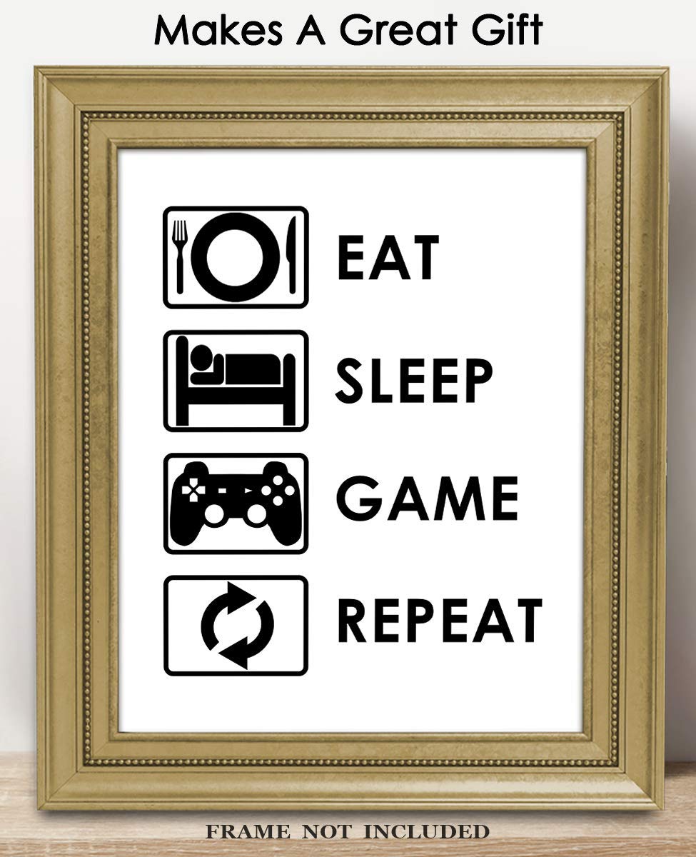 Eat Sleep Game Repeat Typography Wall Art Print - Funny Bathroom Decor & Gamer Gift - 8x10 Unframed Poster - Perfect for Gaming Room, Man Cave or Teen Bedroom Decor