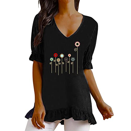 Women's Summer Floral Printed V-Neck Short Sleeve Blouse - Casual Linen Ruffle Top Tee Shirt (Yellow, XL) for Beach Outings, Picnics & Summer Vacations