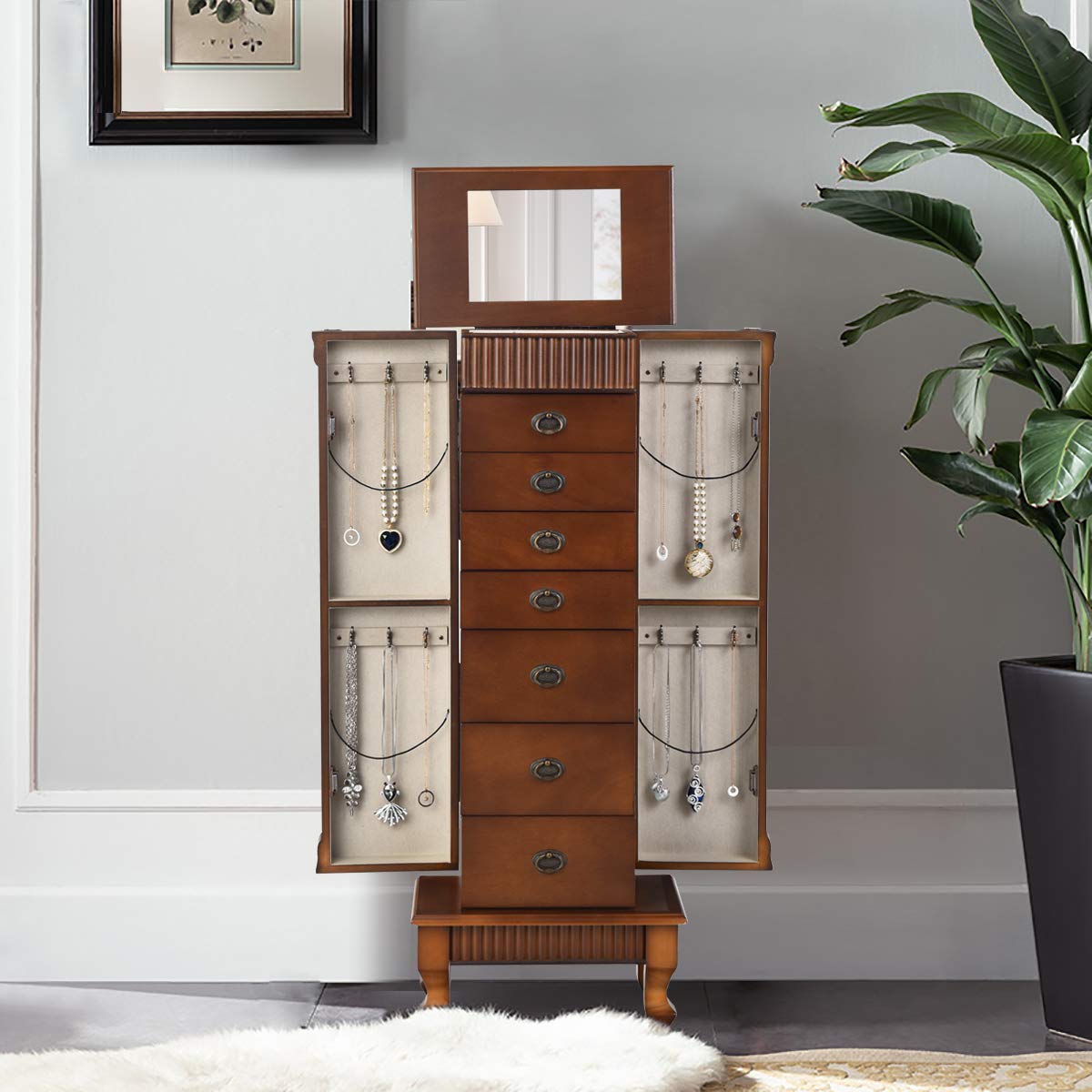 Large Standing Jewelry Armoire Cabinet with 7 Drawers & 2 Doors - Full-Length Mirror, 12 Necklace Hooks & Top Storage Organizer for Jewelry, Makeup & Accessories - Perfect for Bedroom, Dressing Room & Closet Organization