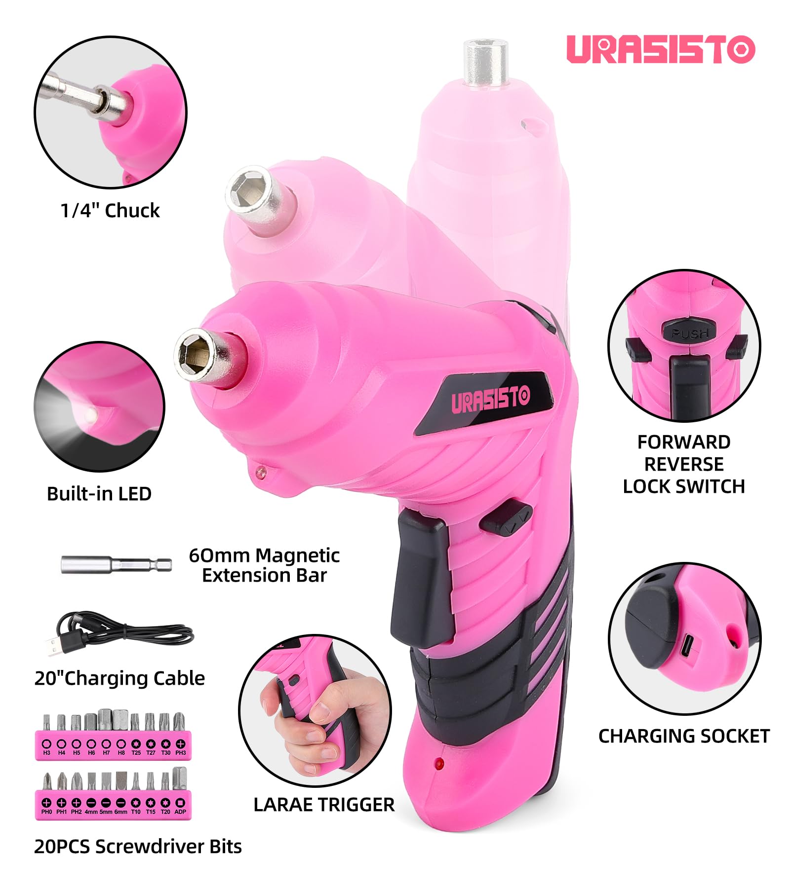 Pink 136-Piece Household Tool Set with 3.6V USB Electric Screwdriver & Cordless Lithium-ion Drill - Complete Home Repair Kit for Women | DIY Projects, Furniture Assembly, Small Repairs