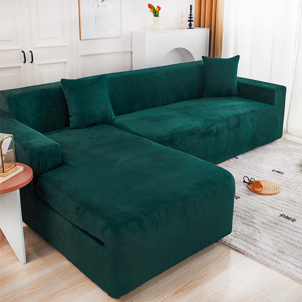 Anti-Wrinkle Velvet Sectional Sofa Slipcover - Thick Plush Suede L-Shaped Couch Cover - Stretchable Furniture Protector for XXL Sofas (Dark Green) - Perfect for Living Room, Family Room & Home Theater Seating Protection