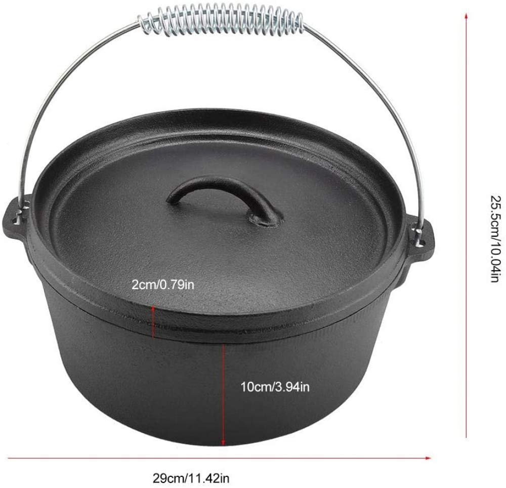 25cm Non-Stick Dutch Oven with Lid & Hook - Cast Iron Camping Cookware for Outdoor BBQ, Camping & Backpacking - Perfect for Stews, Baking & Open-Fire Cooking