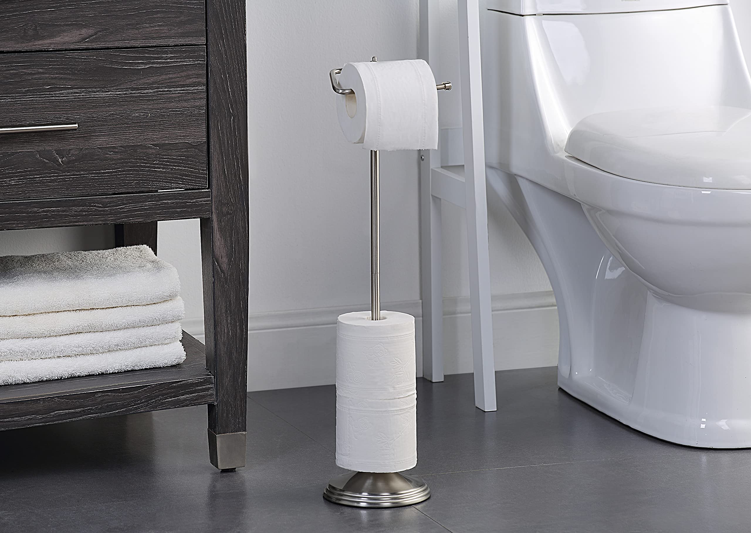 SunnyPoint Free Standing Toilet Paper Holder Stand with Reserve Storage - Satin Nickel Finish | Bathroom Tissue Roll Dispenser for Home, Office & Guest Bathroom